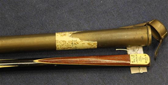 Walter Lindrum. An ash and ebonised snooker / billiards cue, 58.25in., together with a metal case